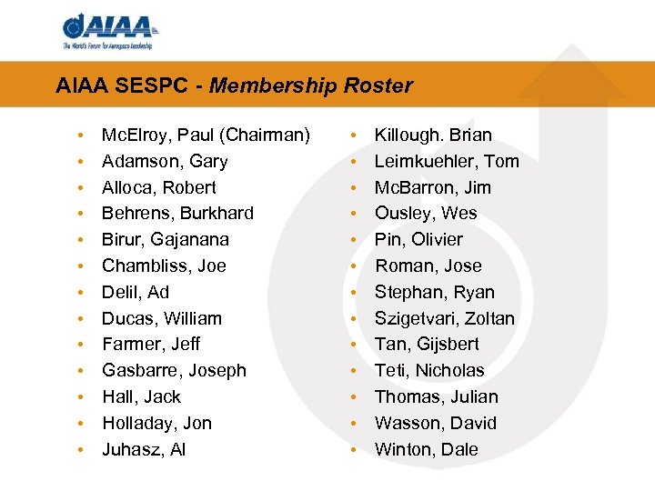 AIAA SESPC - Membership Roster • • • • Mc. Elroy, Paul (Chairman) Adamson,