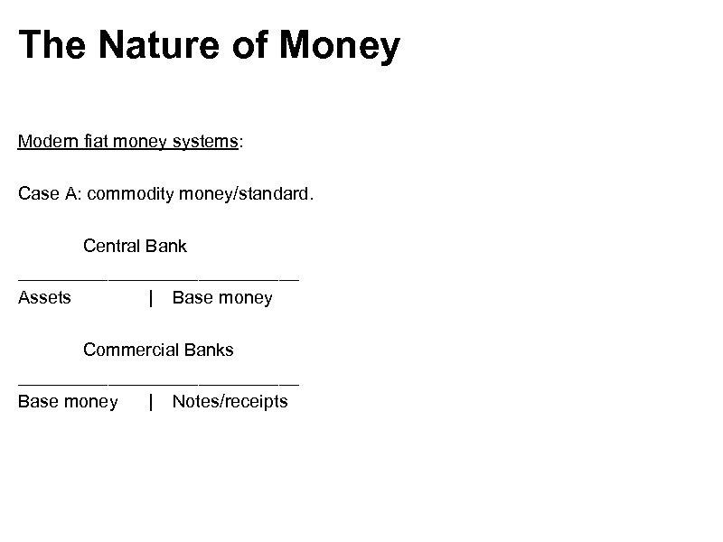 The Nature of Money Modern fiat money systems: Case A: commodity money/standard. Central Bank