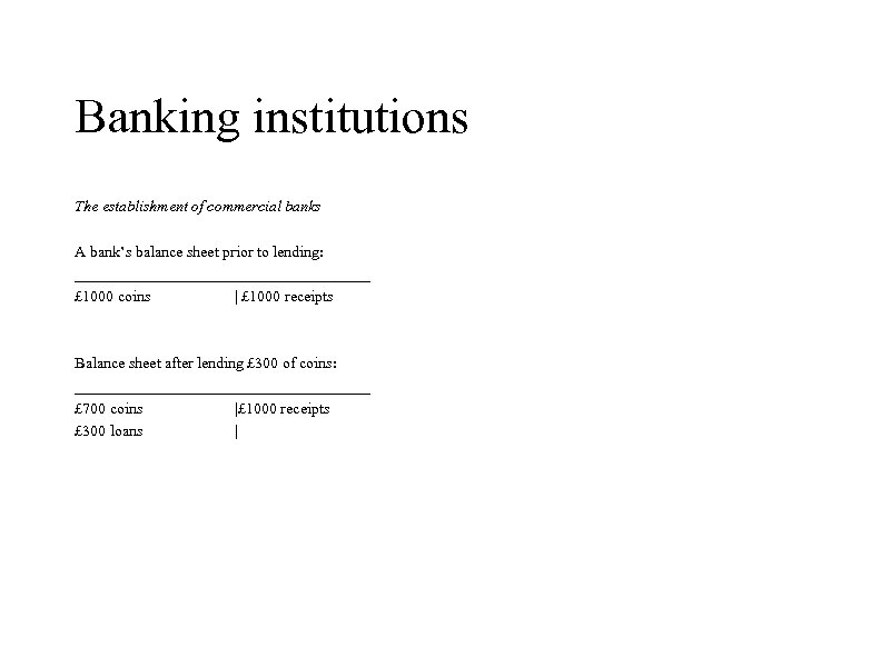 Banking institutions The establishment of commercial banks A bank’s balance sheet prior to lending: