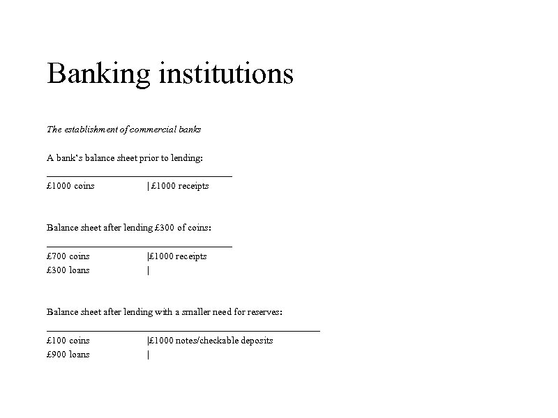 Banking institutions The establishment of commercial banks A bank’s balance sheet prior to lending:
