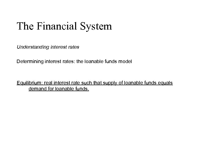The Financial System Understanding interest rates Determining interest rates: the loanable funds model Equilibrium: