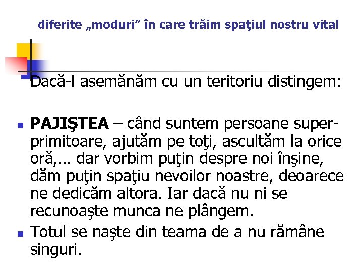 diferite „moduri” în care trăim spaţiul nostru vital Dacă-l asemănăm cu un teritoriu distingem: