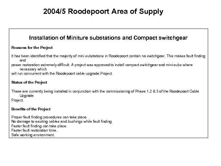 2004/5 Roodepoort Area of Supply Installation of Miniture substations and Compact switchgear Reasons for