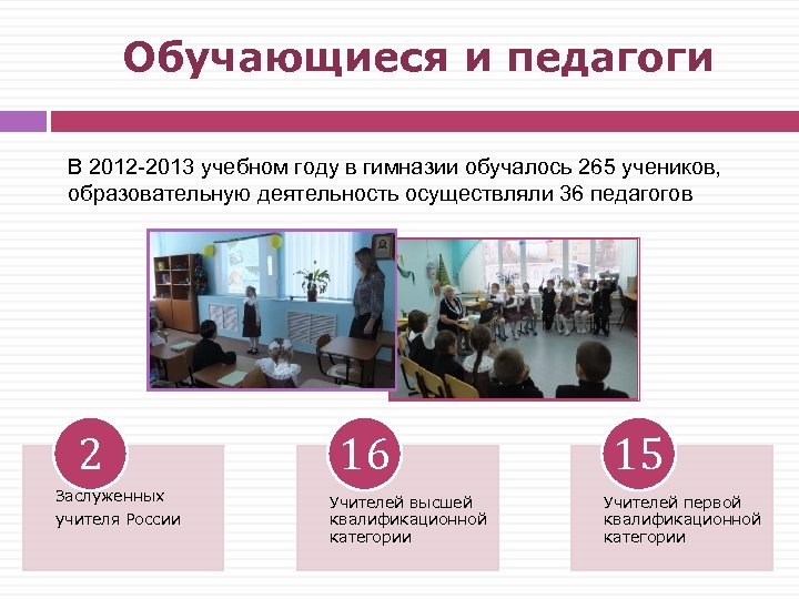 Обучающиеся и педагоги В 2012 -2013 учебном году в гимназии обучалось 265 учеников, образовательную