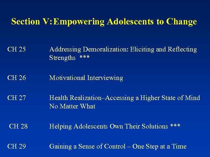 Section V: Empowering Adolescents to Change CH 25 CH 26 CH 27 CH 28