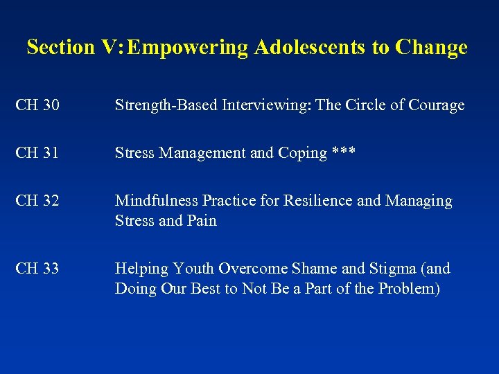 Section V: Empowering Adolescents to Change CH 30 CH 31 CH 32 CH 33