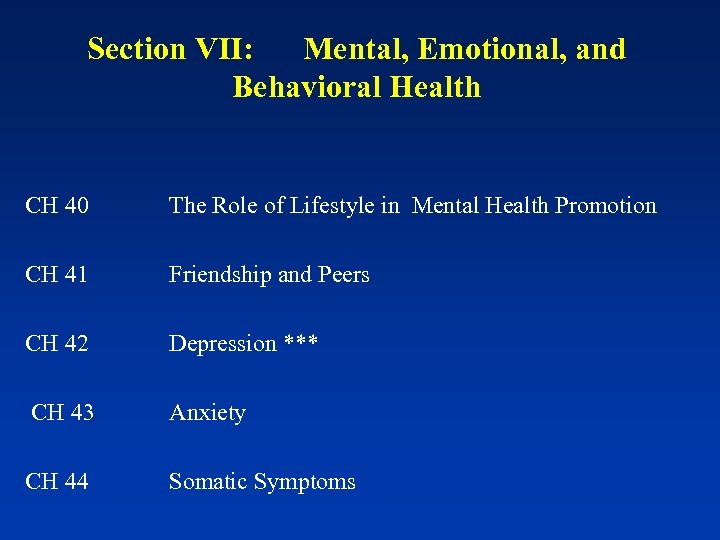 Section VII: Mental, Emotional, and Behavioral Health CH 40 CH 41 CH 42 CH