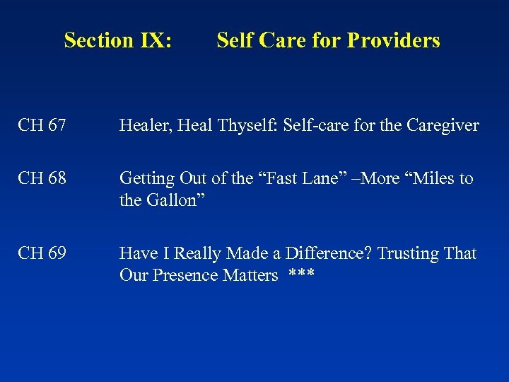 Section IX: CH 67 CH 68 CH 69 Self Care for Providers Healer, Heal