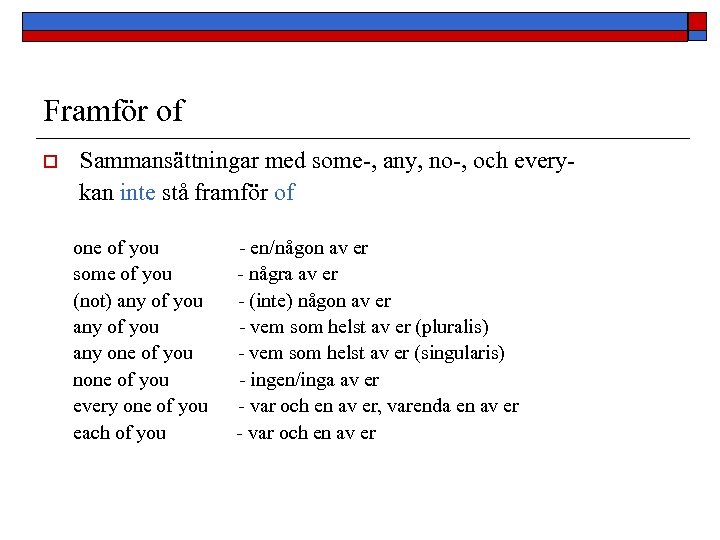 Framför of o Sammansättningar med some-, any, no-, och everykan inte stå framför of