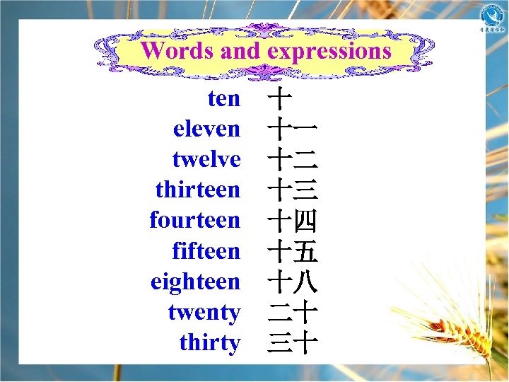 Words and expressions ten eleven twelve thirteen fourteen fifteen eighteen twenty thirty 十 十一