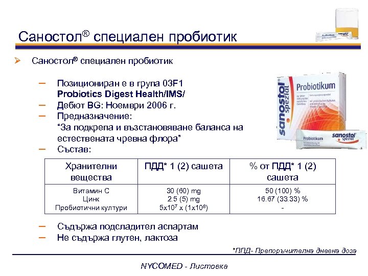 Саностол® специален пробиотик Ø Саностол® специален пробиотик ─ ─ Позициониран е в група 03