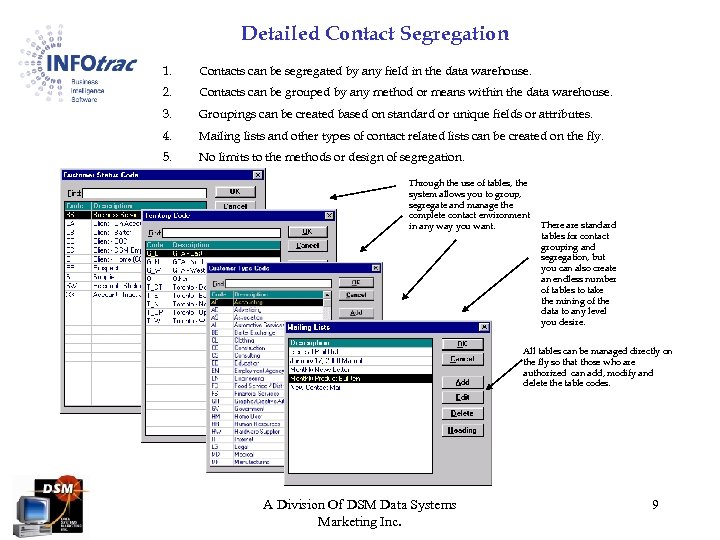 Detailed Contact Segregation 1. Contacts can be segregated by any field in the data