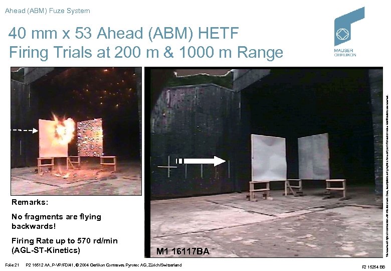 Ahead (ABM) Fuze System Remarks: No fragments are flying backwards! Firing Rate up to