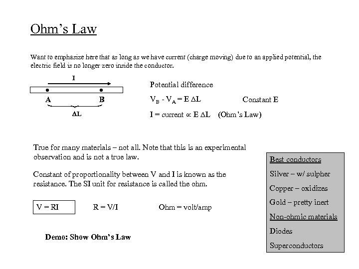 Ohm’s Law Want to emphasize here that as long as we have current (charge
