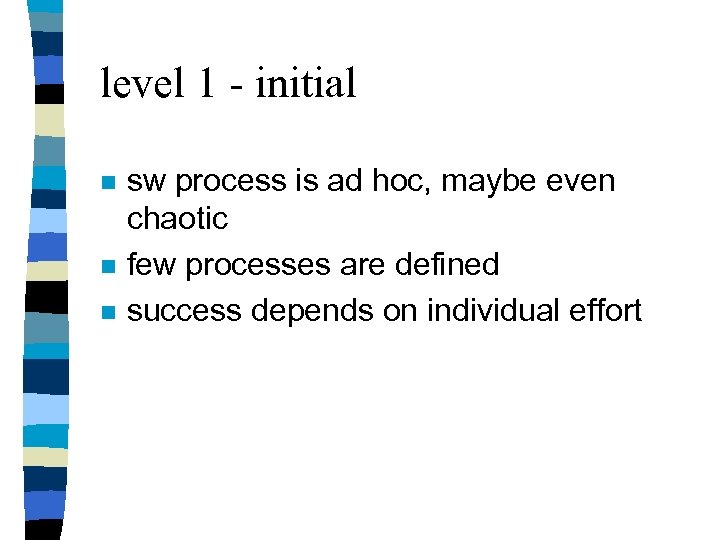 level 1 - initial n n n sw process is ad hoc, maybe even