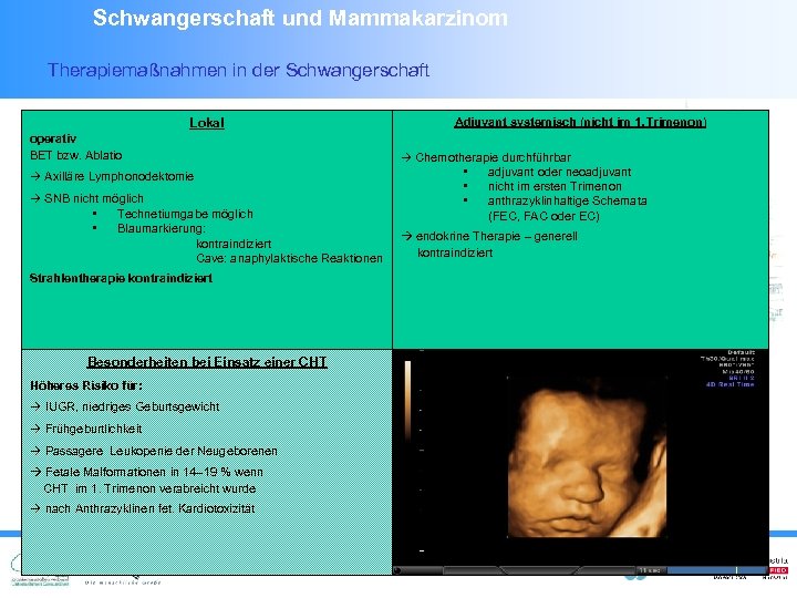 Schwangerschaft und Mammakarzinom Therapiemaßnahmen in der Schwangerschaft Lokal operativ BET bzw. Ablatio Axilläre Lymphonodektomie