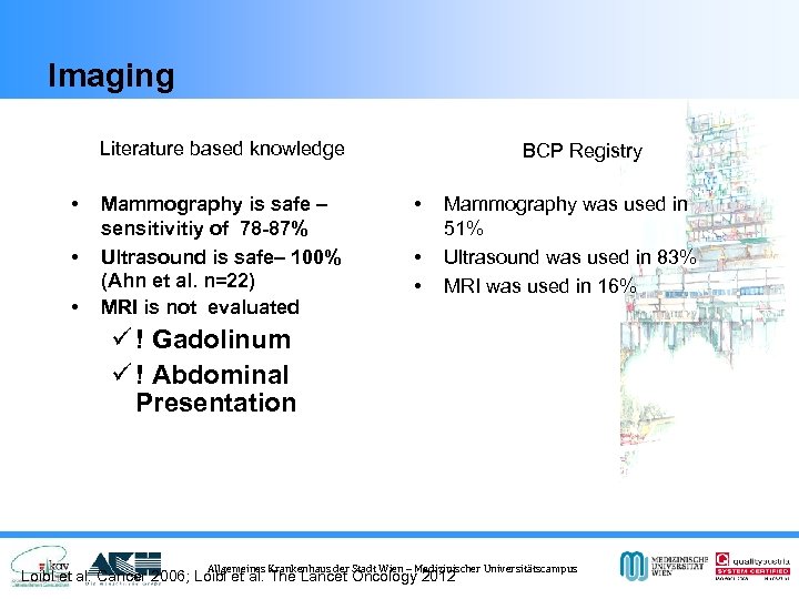 Imaging Literature based knowledge • • • Mammography is safe – sensitivitiy of 78