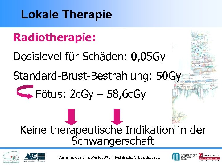 Lokale Therapie Radiotherapie: Dosislevel für Schäden: 0, 05 Gy Standard-Brust-Bestrahlung: 50 Gy Fötus: 2