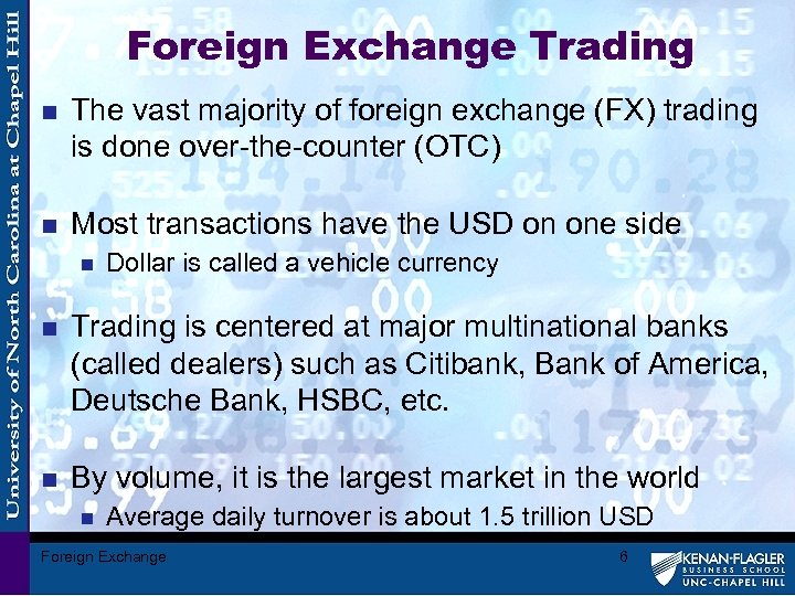 Foreign Exchange Trading n The vast majority of foreign exchange (FX) trading is done