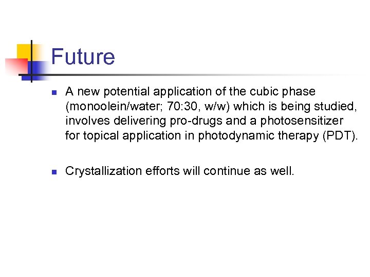 Future n n A new potential application of the cubic phase (monoolein/water; 70: 30,