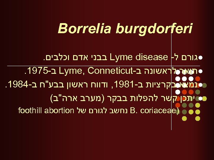  Borrelia burgdorferi l גורם ל- Lyme disease בבני אדם וכלבים. l תואר לראשונה