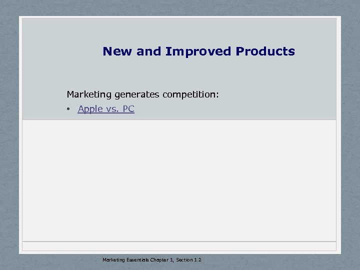 New and Improved Products Marketing generates competition: • Apple vs. PC Marketing Essentials Chapter
