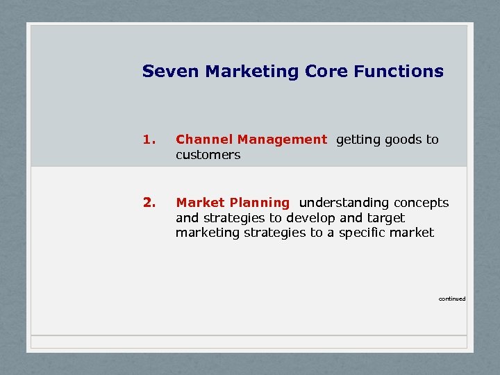 Seven Marketing Core Functions 1. Channel Management getting goods to customers 2. Market Planning