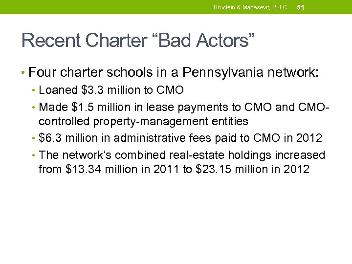 Brustein & Manasevit, PLLC 51 Recent Charter “Bad Actors” • Four charter schools in