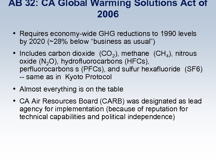 AB 32: CA Global Warming Solutions Act of 2006 • Requires economy-wide GHG reductions