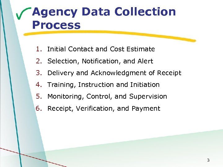 Agency Data Collection Process 1. Initial Contact and Cost Estimate 2. Selection, Notification, and
