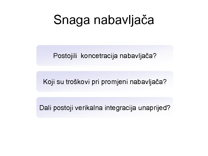 Snaga nabavljača Postojili koncetracija nabavljača? Koji su troškovi promjeni nabavljača? Dali postoji verikalna integracija