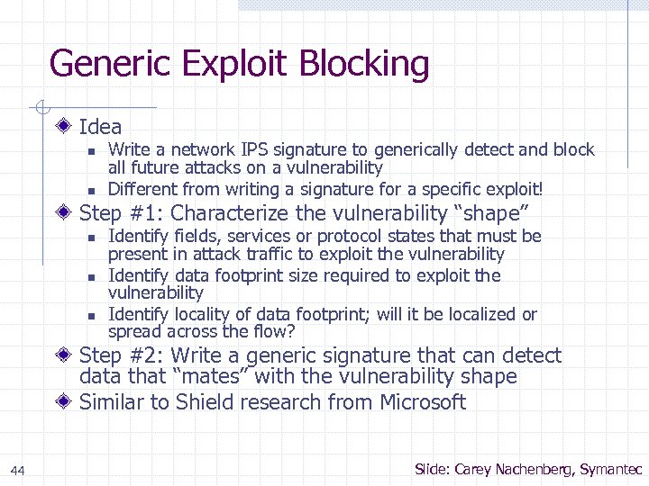 Generic Exploit Blocking Idea n n Write a network IPS signature to generically detect