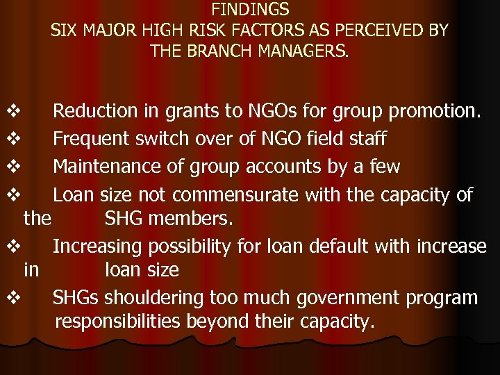 FINDINGS SIX MAJOR HIGH RISK FACTORS AS PERCEIVED BY THE BRANCH MANAGERS. v Reduction