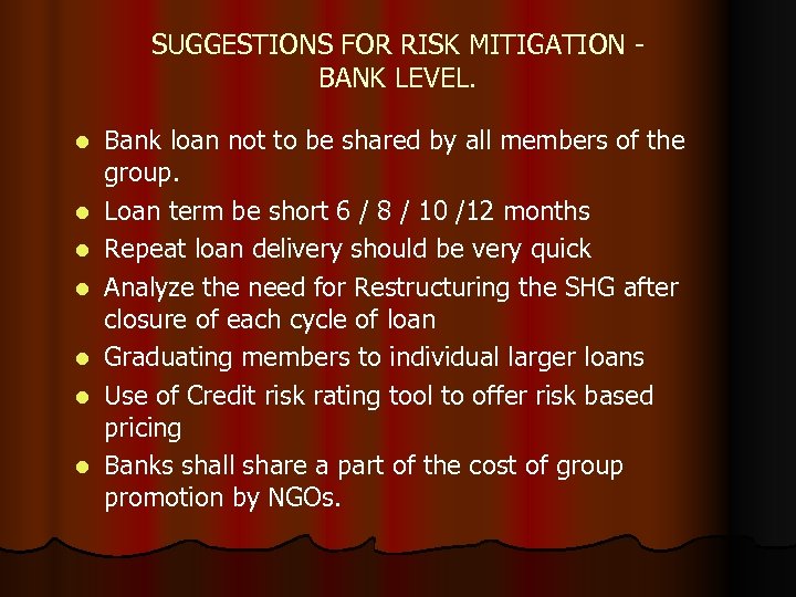 SUGGESTIONS FOR RISK MITIGATION BANK LEVEL. l l l l Bank loan not to