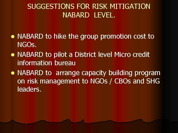 SUGGESTIONS FOR RISK MITIGATION NABARD LEVEL. NABARD to hike the group promotion cost to