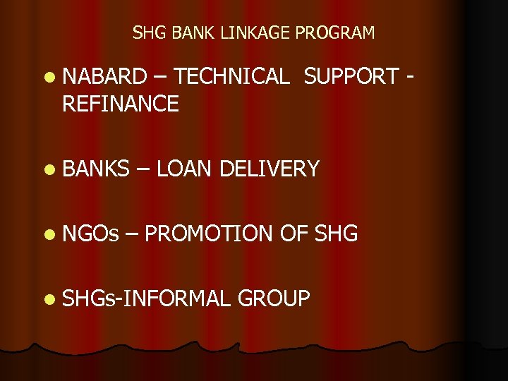 SHG BANK LINKAGE PROGRAM l NABARD – TECHNICAL SUPPORT - REFINANCE l BANKS –