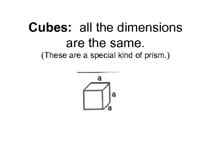 Cubes: all the dimensions are the same. (These are a special kind of prism.