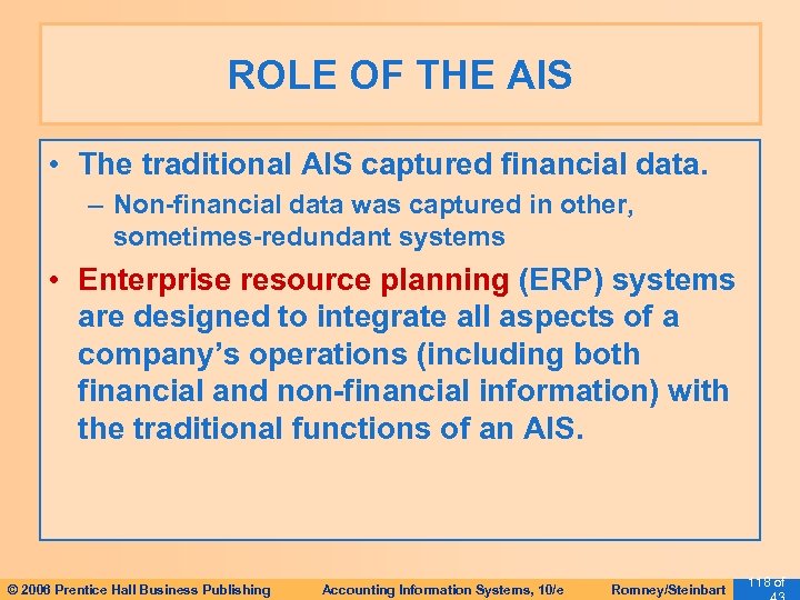 ROLE OF THE AIS • The traditional AIS captured financial data. – Non-financial data