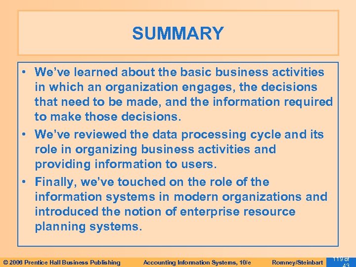 SUMMARY • We’ve learned about the basic business activities in which an organization engages,