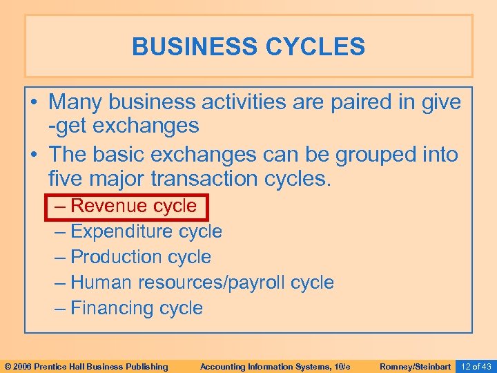 BUSINESS CYCLES • Many business activities are paired in give -get exchanges • The