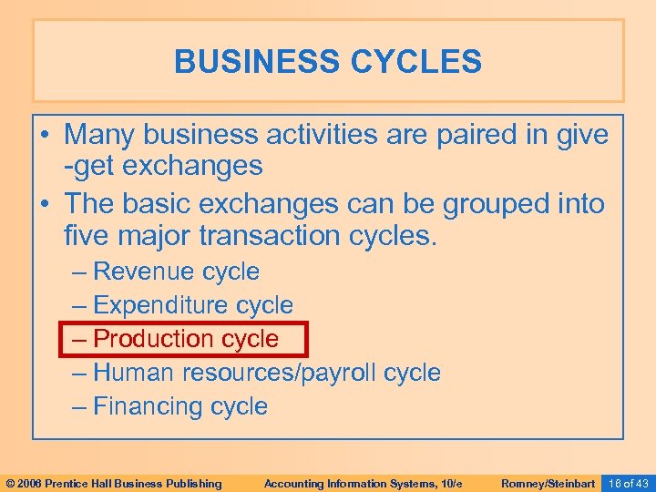 BUSINESS CYCLES • Many business activities are paired in give -get exchanges • The