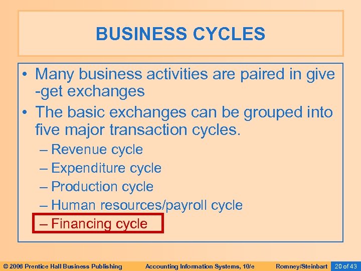 BUSINESS CYCLES • Many business activities are paired in give -get exchanges • The