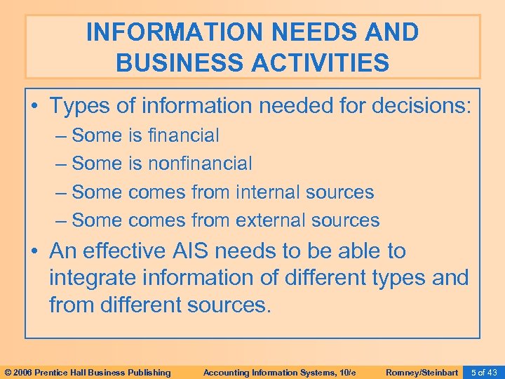 INFORMATION NEEDS AND BUSINESS ACTIVITIES • Types of information needed for decisions: – Some