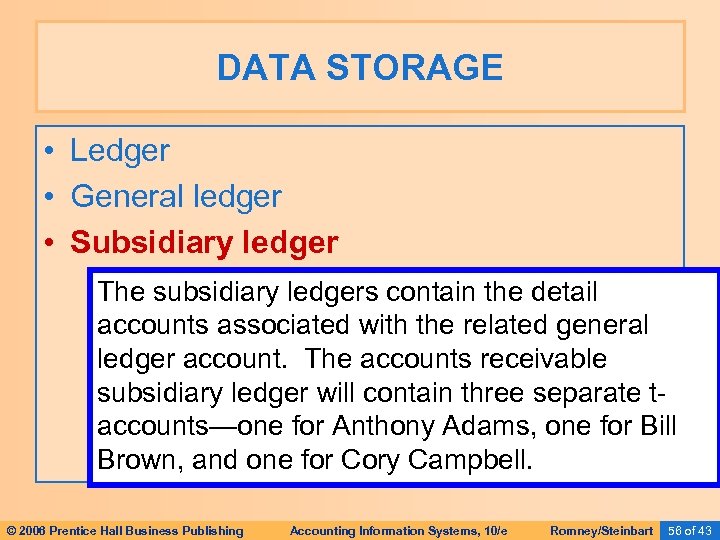 DATA STORAGE • Ledger • General ledger • Subsidiary ledger The subsidiary ledgers contain