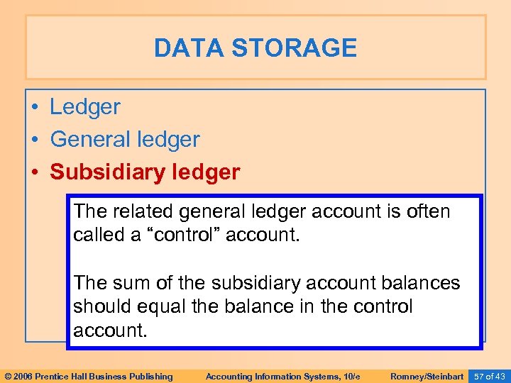 DATA STORAGE • Ledger • General ledger • Subsidiary ledger The related general ledger