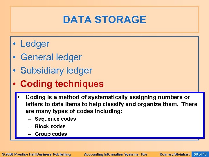 DATA STORAGE • • Ledger General ledger Subsidiary ledger Coding techniques • Coding is