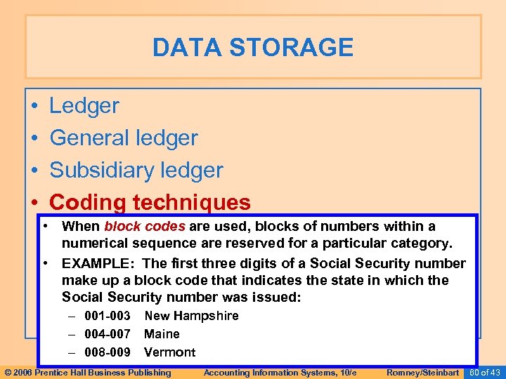 DATA STORAGE • • Ledger General ledger Subsidiary ledger Coding techniques • When block