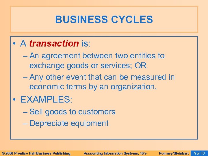 BUSINESS CYCLES • A transaction is: – An agreement between two entities to exchange