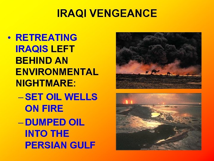 IRAQI VENGEANCE • RETREATING IRAQIS LEFT BEHIND AN ENVIRONMENTAL NIGHTMARE: – SET OIL WELLS