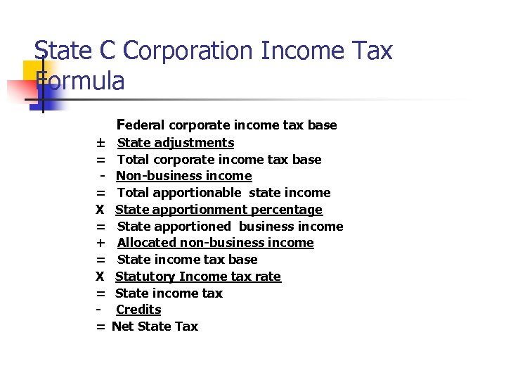 State C Corporation Income Tax Formula Federal corporate income tax base ± = =